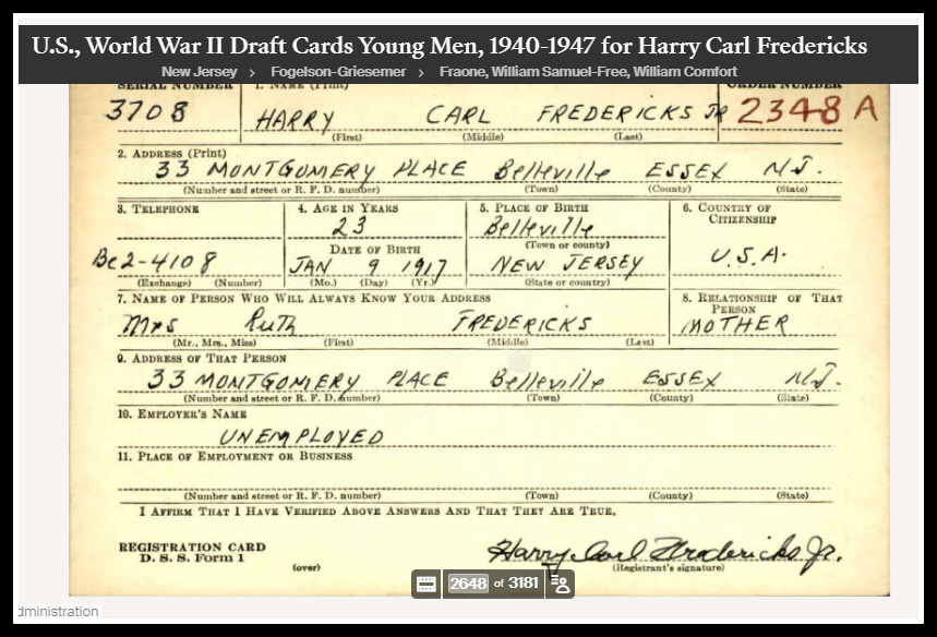 Harry Carl Fredericks Jr, of Belleville NJ was KIA in the Gulf of Mexico