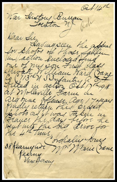 Pvt. Wm. Crane, letter of Mrs. Marie Crane of Kearny, NJ