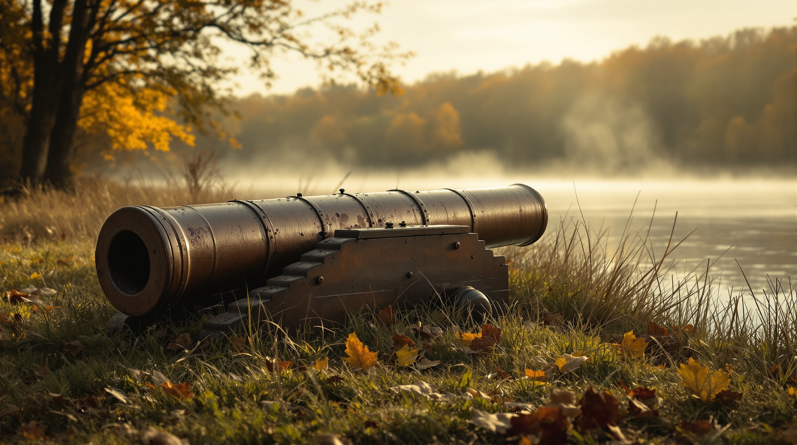A colonial-era field cannon on a misty riverbank at dawn