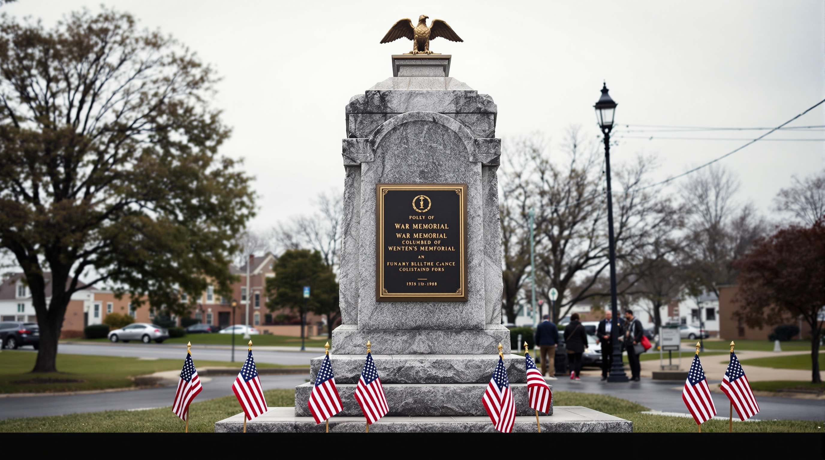 A granite veterans memorial with a bronze plaque and small flags at its base