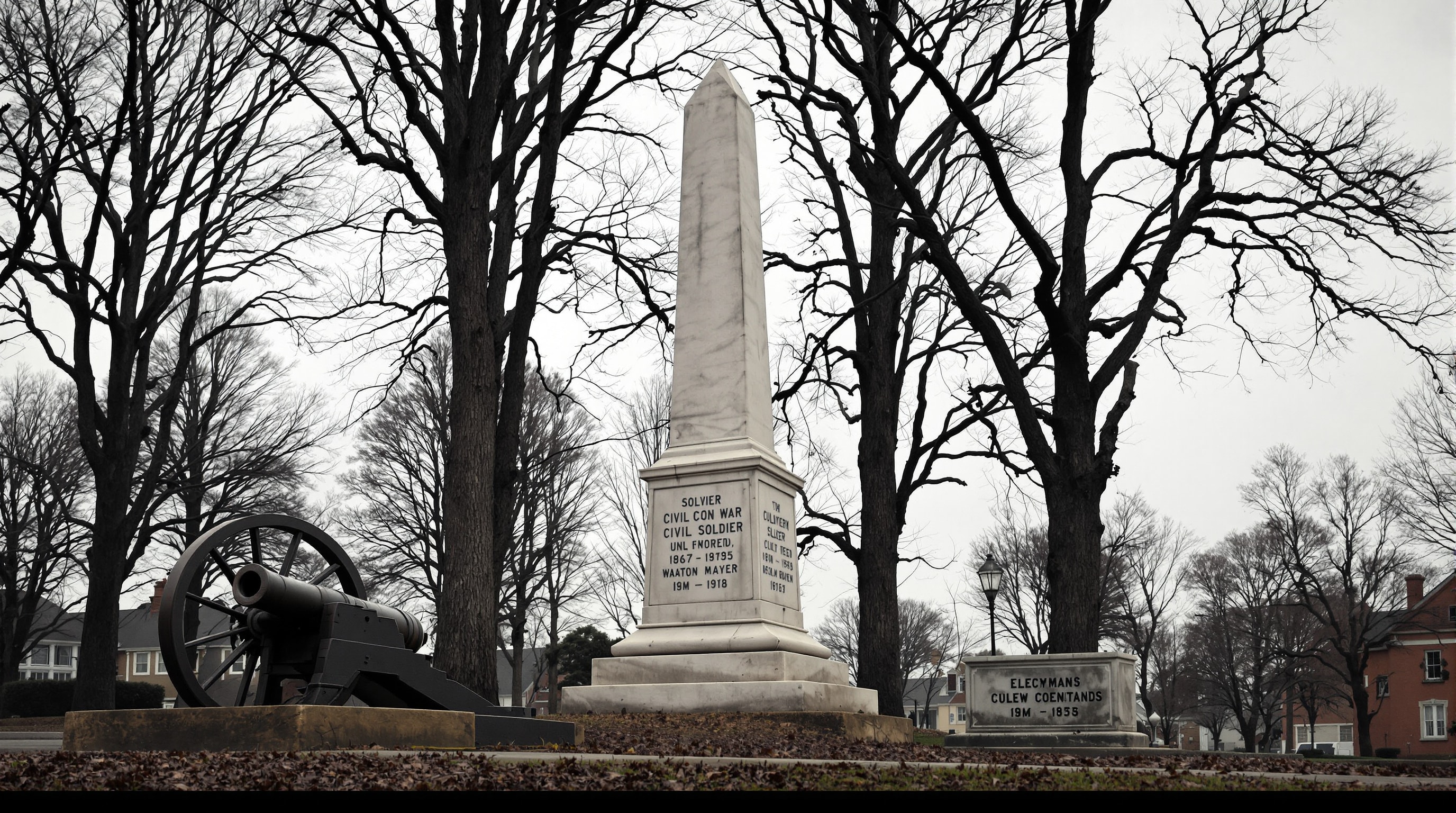 A marble Civil War monument and bronze cannon in a quiet town park