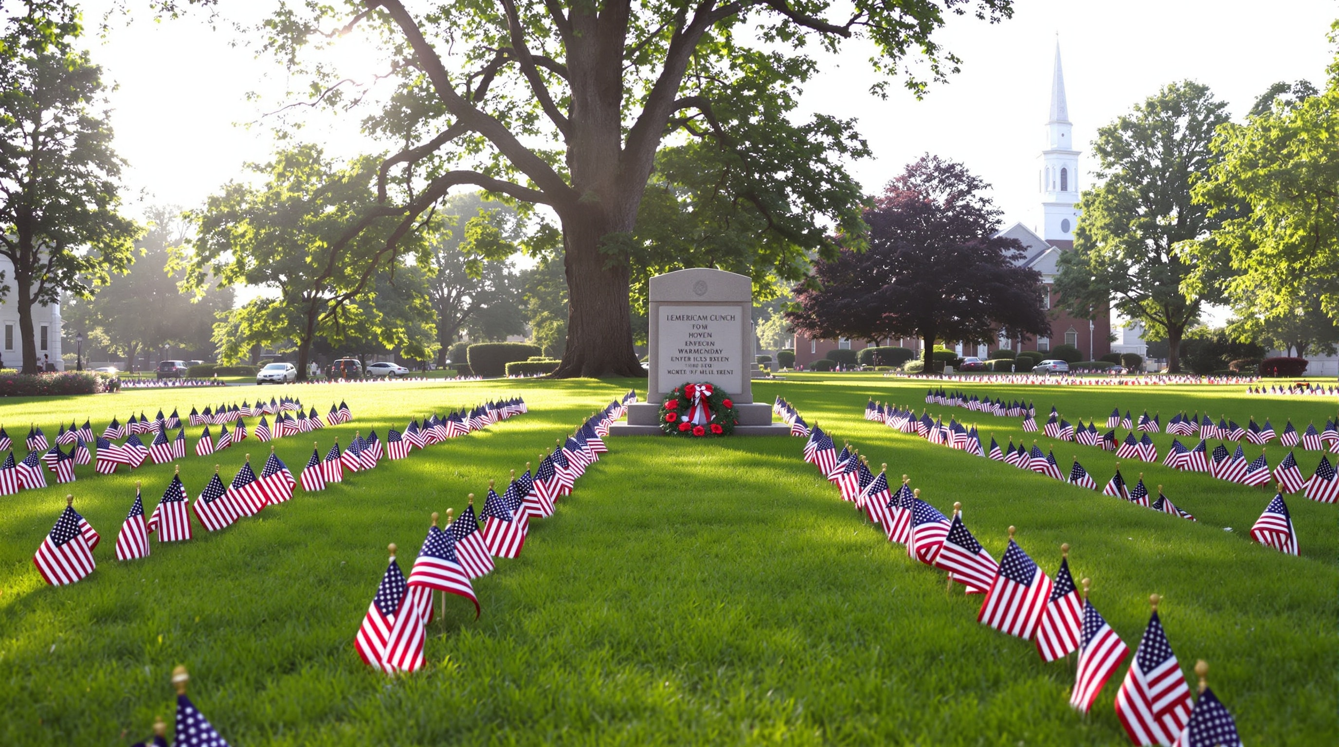 Rows of small flags and a wreath before a stone war memorial on a town green