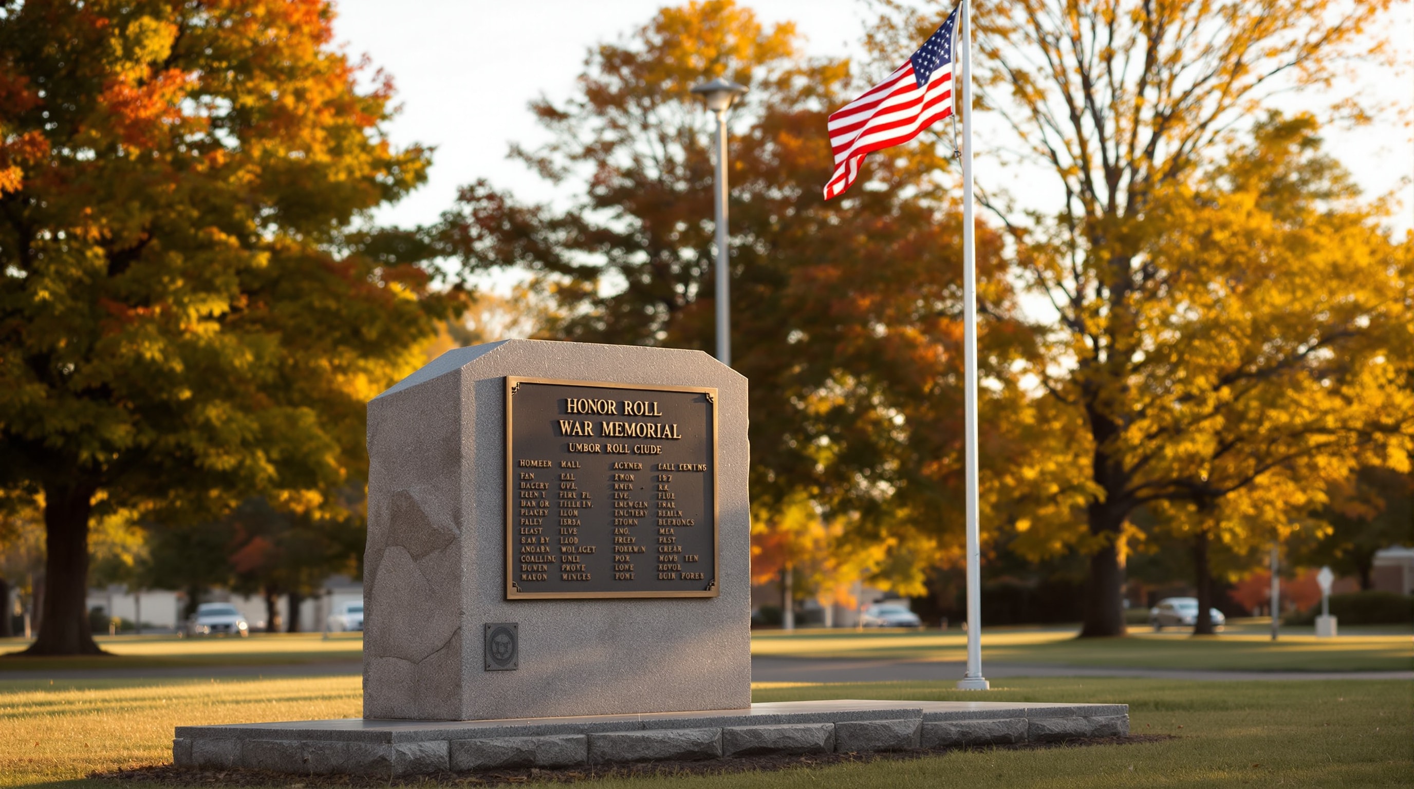 A bronze honor-roll plaque and flag on a quiet town green at golden hour