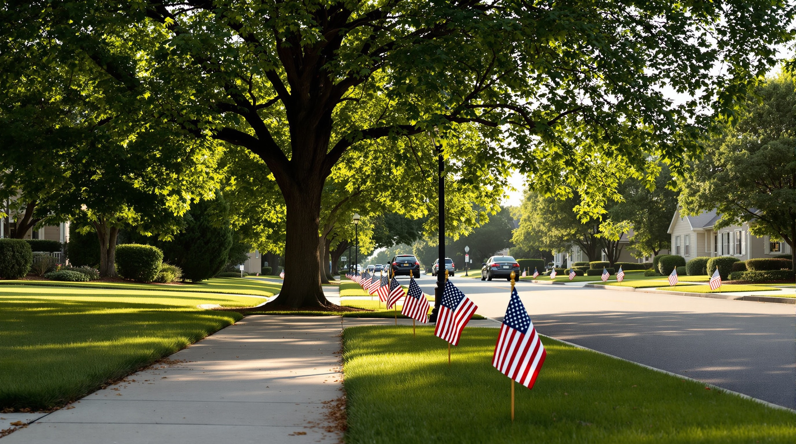 Small American flags lining a suburban street curb for a memorial dedication