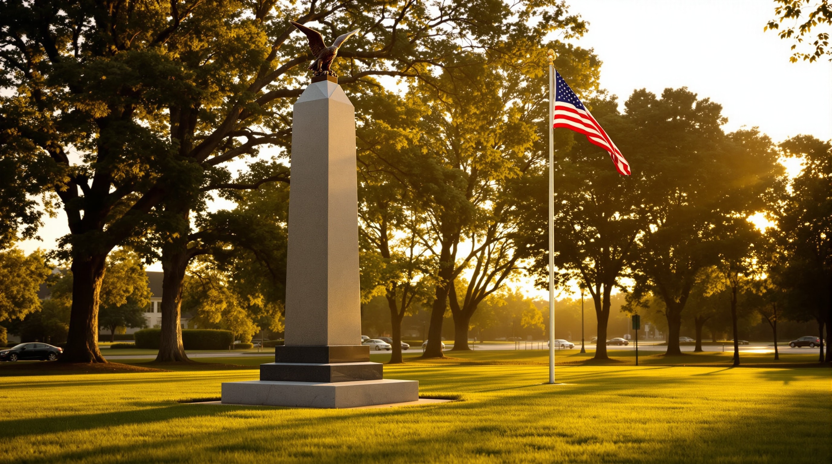 A granite memorial obelisk with a bronze eagle and flag in a park at golden hour