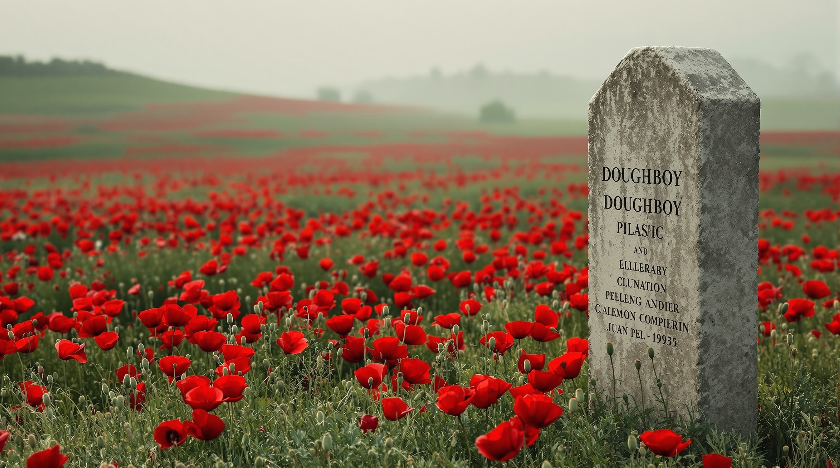Red poppies before a weathered World War I stone memorial at dawn