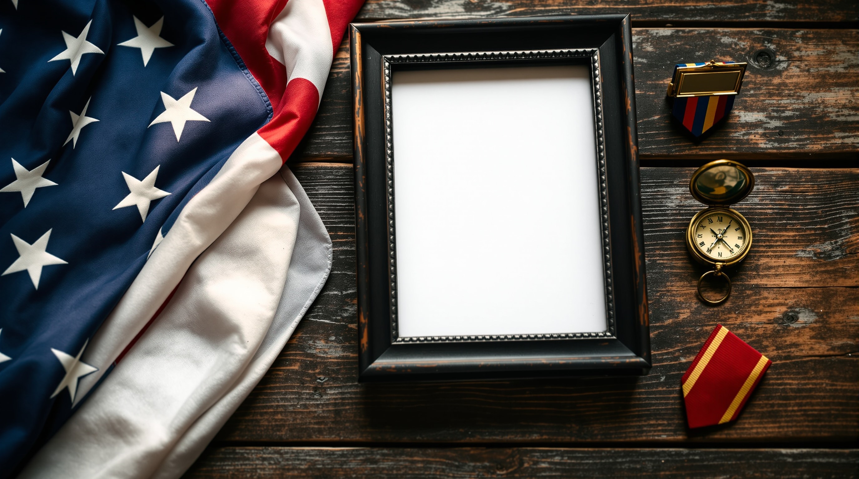 A folded American flag and vintage service keepsakes on weathered wood